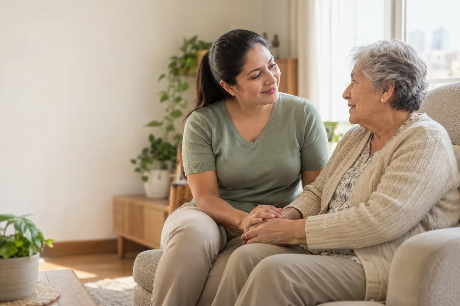 Una cuidadora tomando con afecto las manos de una mujer adulta mayor en un sillón