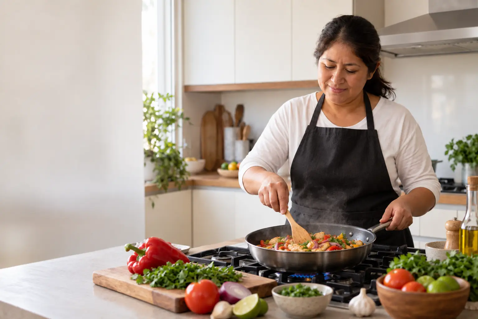 Una cocinera sonriente con delantal salteando vegetales frescos en una sartén